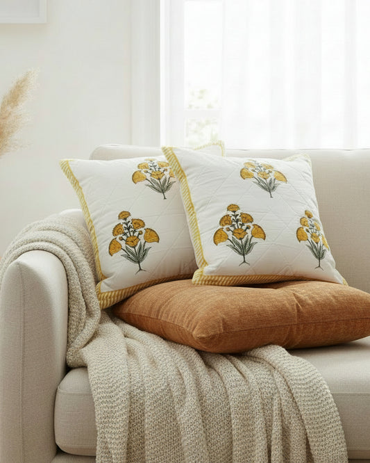 Guldasta yellow quilted cotton cushion cover – alternate view