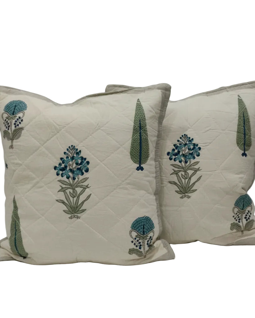 Pair of Gulmohar grey quilted cushion covers with blue floral and tree motifs