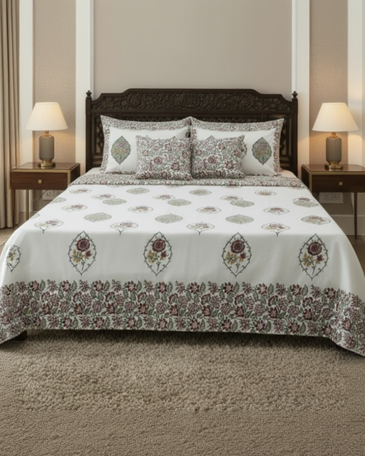 Bed with floral-patterned bedding in a bedroom setting