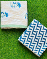 Wavy jaali stripe reversible mulmul cotton dohar with blue florals, mint border and a navy chevron reverse
