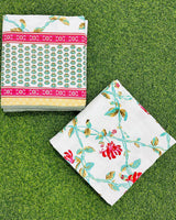 Two folded red floral mulmul dohars showing the printed face and the border band