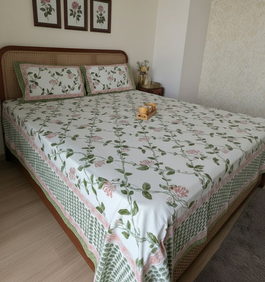 King Bedsheet with floral design in Pink, white & green with 2 reversible pillow