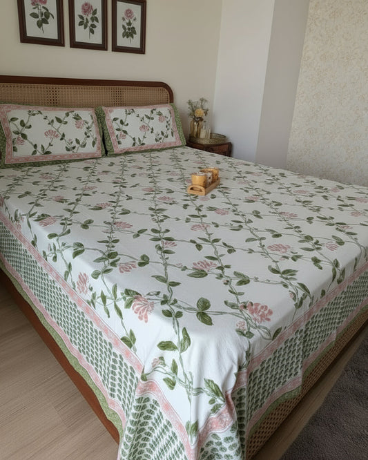 King Bedsheet with floral design in Pink, white & green with 2 reversible pillow