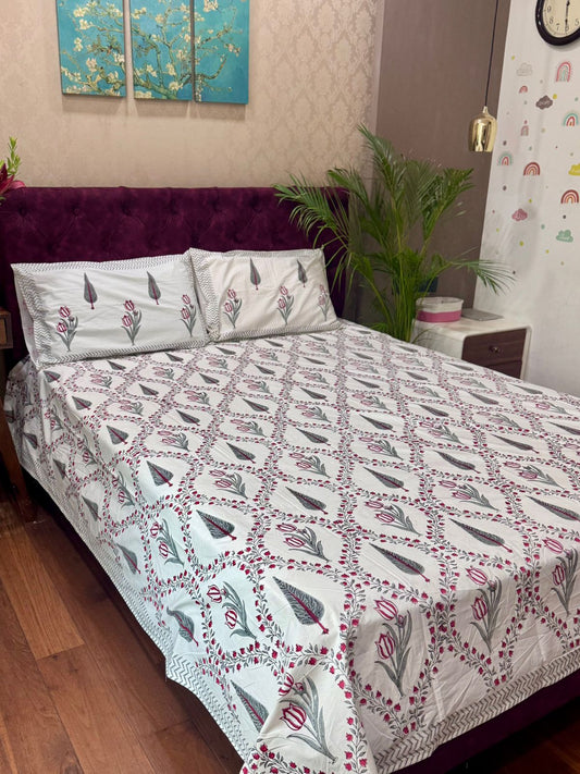 Madhavi - The Tulip Bedsheet | Hand Block| Percale Cotton