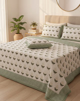 Manjari green leaf pure cotton bedsheet – styled on a bed