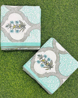 Mint teal Mughal ogee trellis reversible mulmul cotton dohar with a blue floral spray medallion