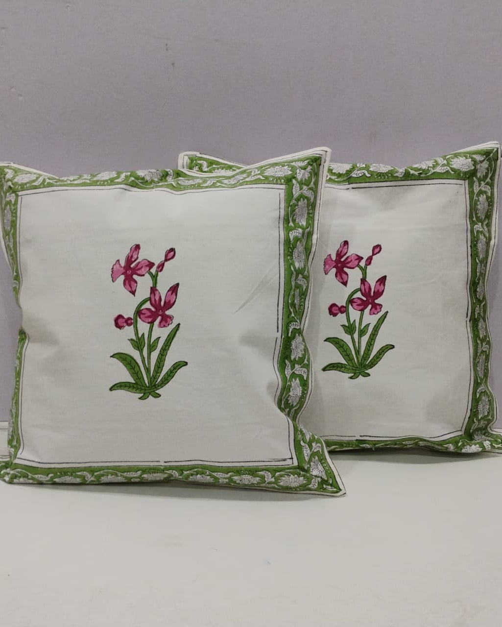 Pushpita green Hand Block Canvas cotton cushion cover – front view