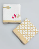 Pink orchid and gold cypress print reversible mulmul cotton dohar with a tan jaali lattice reverse
