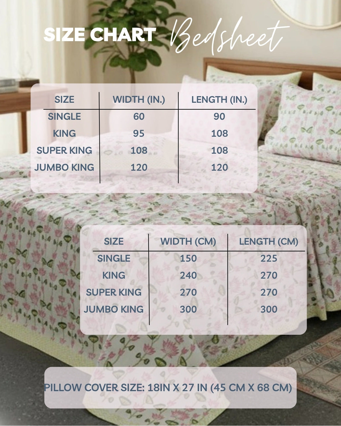 Bedsheet size chart in inches and centimetres for Single, King, Super King and Jumbo King