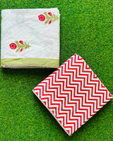 Sage medallion trellis reversible mulmul cotton dohar with red rose florets and a red chevron reverse