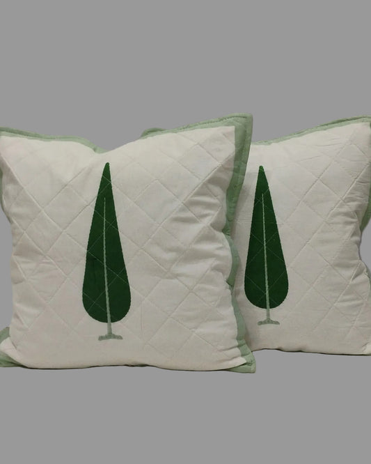 Pair of Suparna green quilted cushion covers with single cypress tree motifs