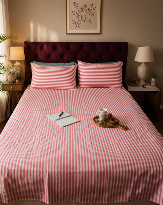 Stripe Sutra hot pink hand block Percale Cotton bedsheet – front view