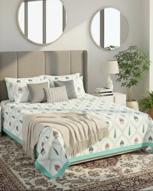 Bedspread with floral pattern on a bed in a bedroom setting