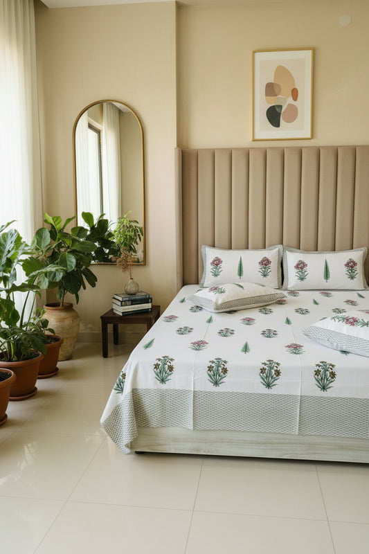 Bed with floral patterned bedspread and pillows in a room.