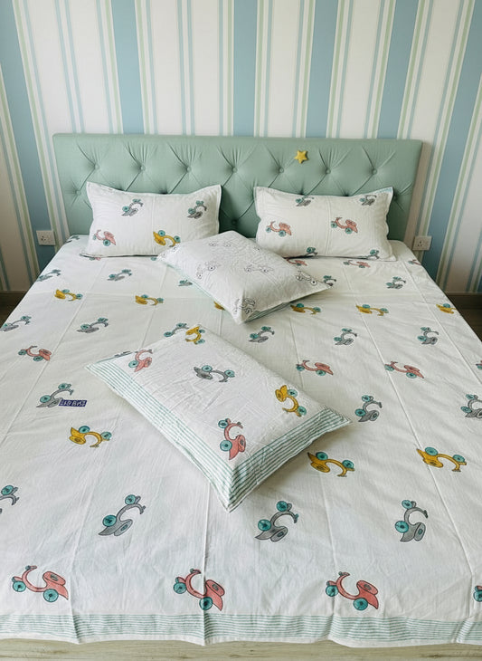 Vroom - The Scooty Bedsheet | Hand Block | Soft Fine Cotton