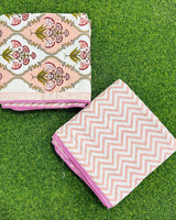 Coral and pink floral bouquet reversible mulmul cotton dohar with a pink chevron reverse