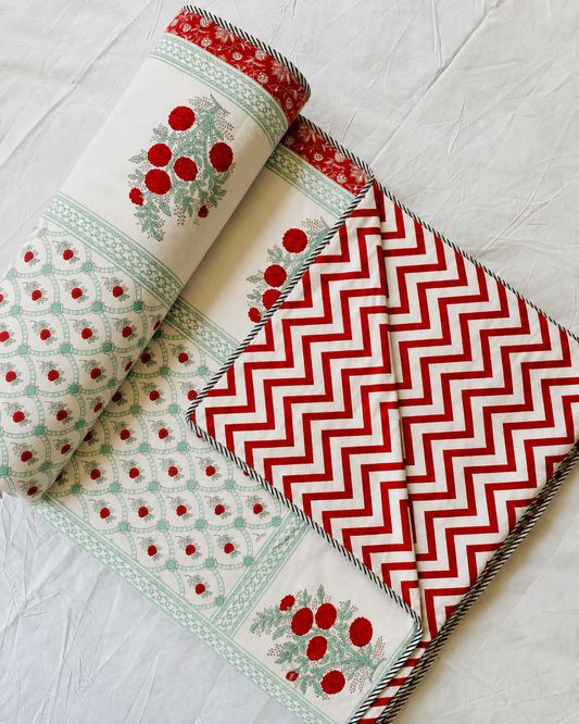 Sage jaal with red bud floral bouquet border reversible mulmul cotton dohar, double dohar folded