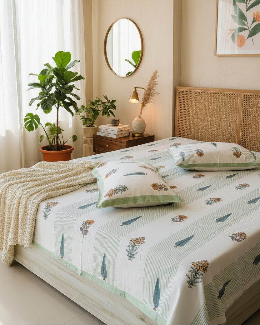 Gulmohar green botanical striped pure cotton bedsheet with matching pillow covers in a plant-filled bedroom