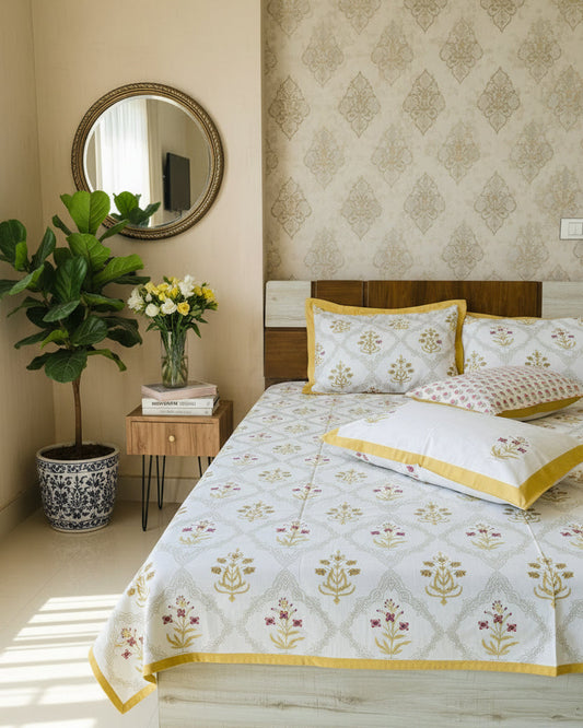Mehek yellow floral jaal pure cotton bedsheet with matching pillow covers