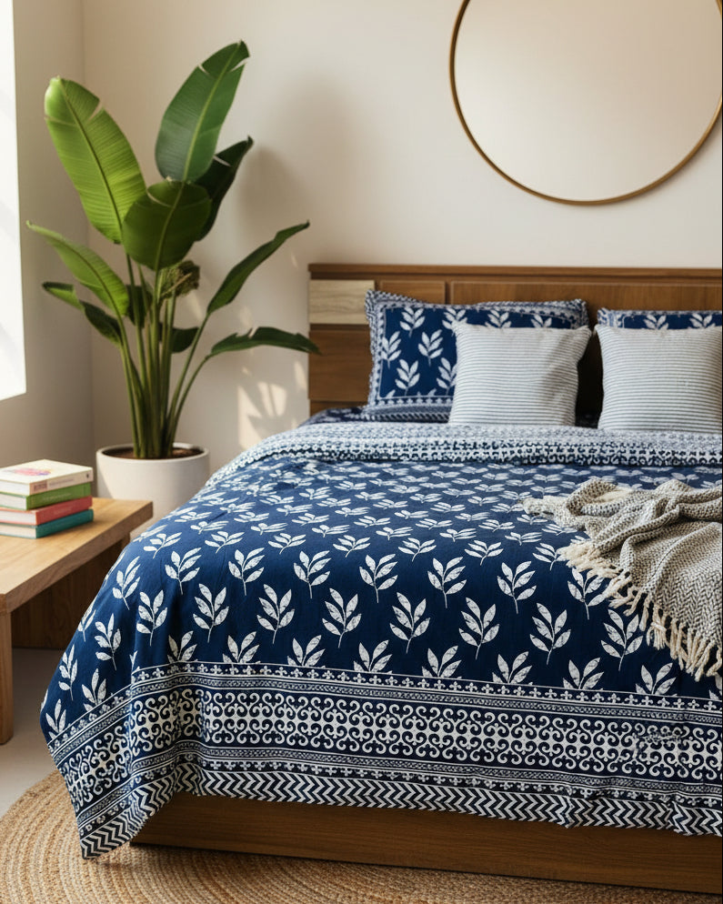 Close-up of Patralika indigo Bagru pure cotton bedsheet with white leaf motifs