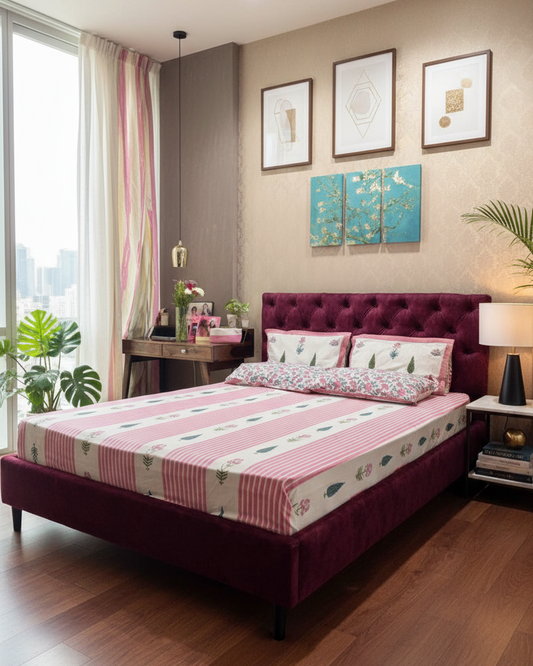 Rekha pink striped pure cotton Super King bedsheet with matching pillow covers