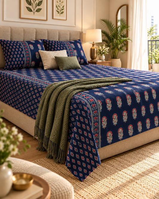 Mehfil Blue Everyday Cotton bedsheet with light floral buta on navy, styled with an olive throw