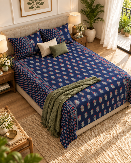Overhead view of Mehfil Blue navy floral buta bedsheet and pillow covers