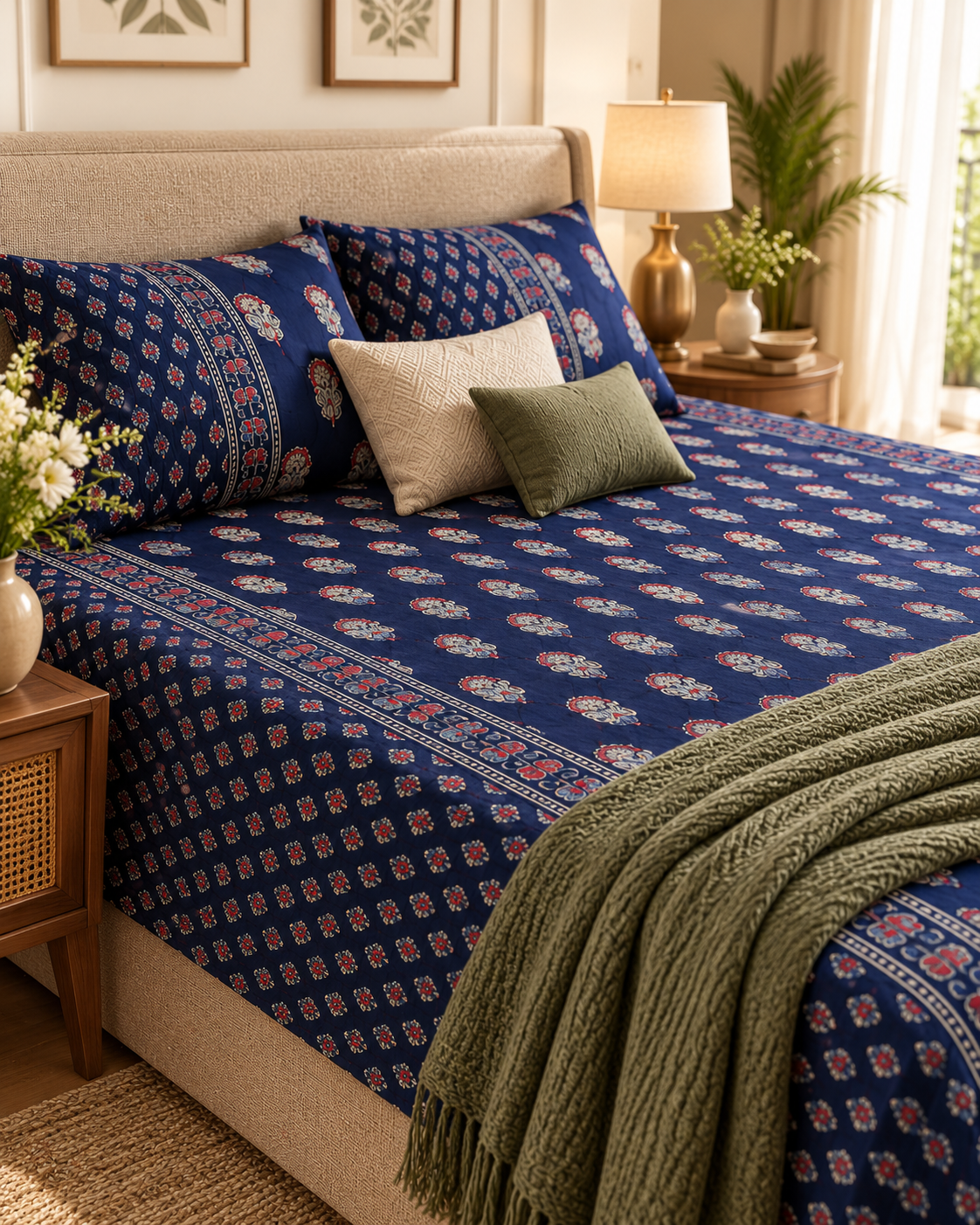 Mehfil Blue pillow covers and bedsheet detail with ivory and olive cushions