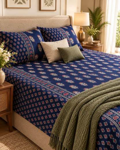 Mehfil Blue pillow covers and bedsheet detail with ivory and olive cushions
