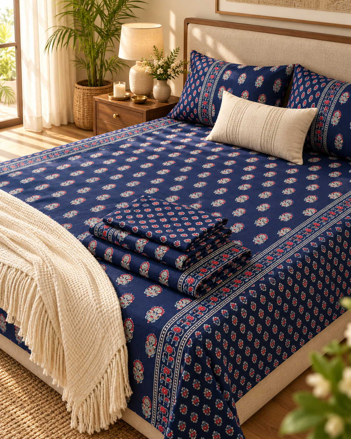 Mehfil Blue bedsheet set folded on the bed with a cream throw