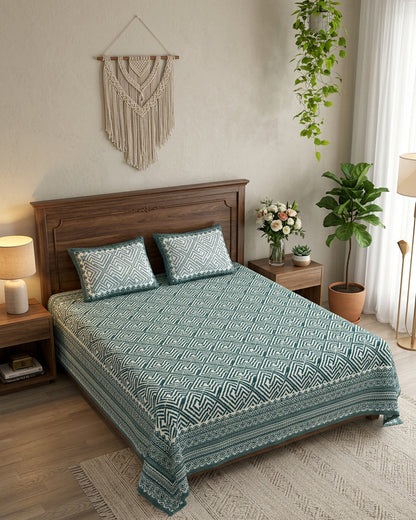 Aakriti Blue bedsheet, deep teal diamond-maze print, on a bed with a wood headboard with macramé