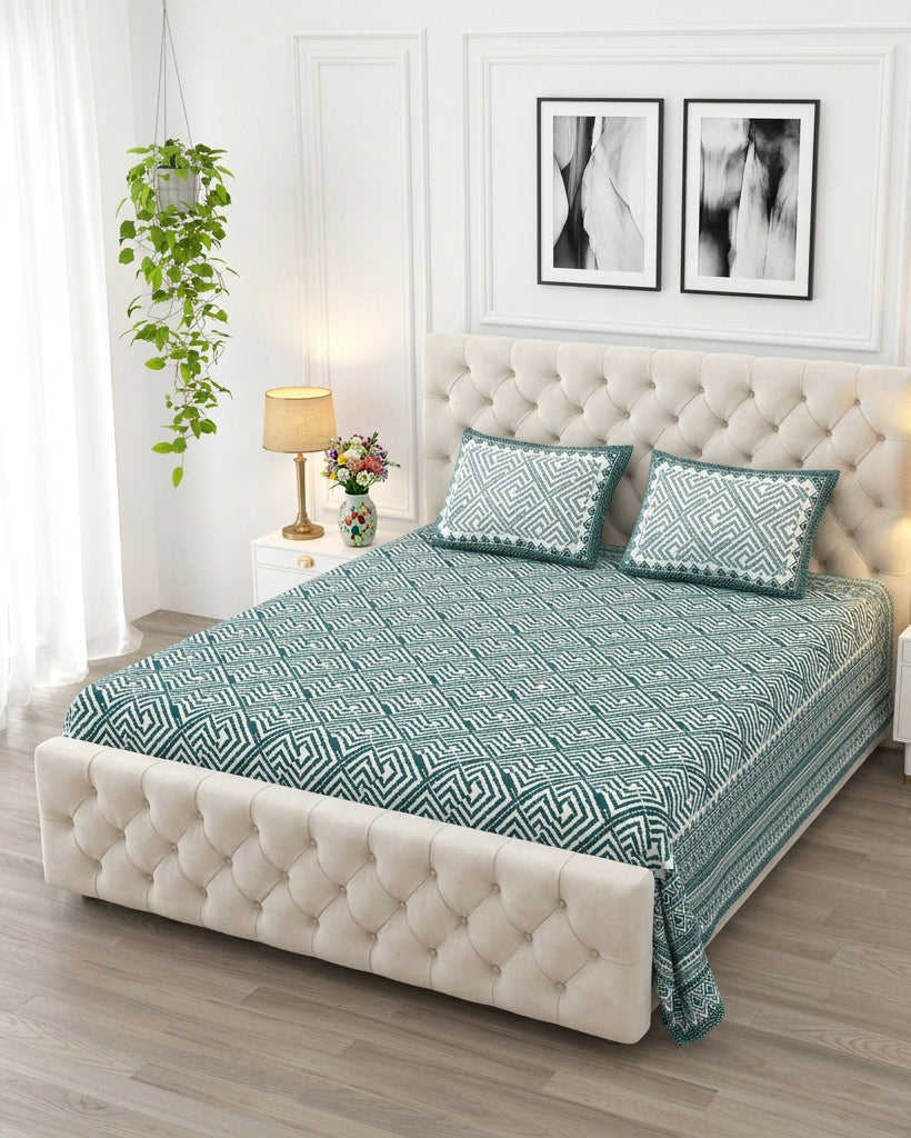 Aakriti Blue bedsheet, deep teal diamond-maze print, on a tufted ivory bed