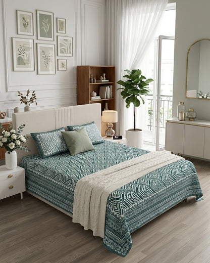 Aakriti Blue bedsheet, deep teal diamond-maze print, in a bedroom with a cream throw