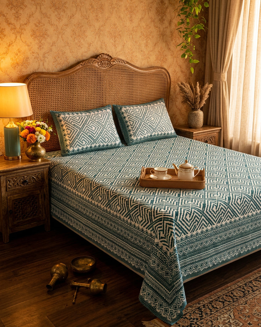 Aakriti Blue bedsheet, deep teal diamond-maze print, on a bed with a cane headboard and a tea tray