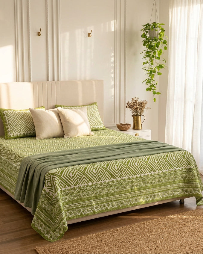 Aakriti Green bedsheet, leaf-green diamond-maze print, on a bed with a cream headboard with a sage throw