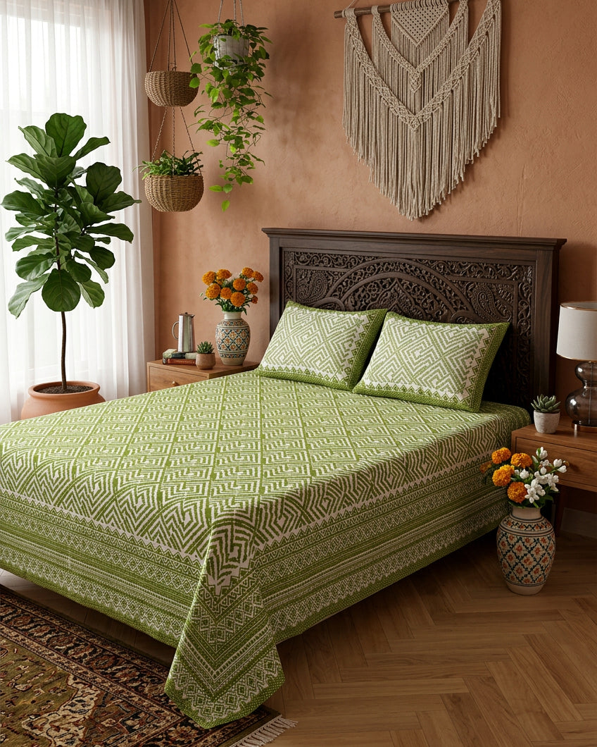 Aakriti Green bedsheet, leaf-green diamond-maze print, on a bed with a carved wood headboard with macramé