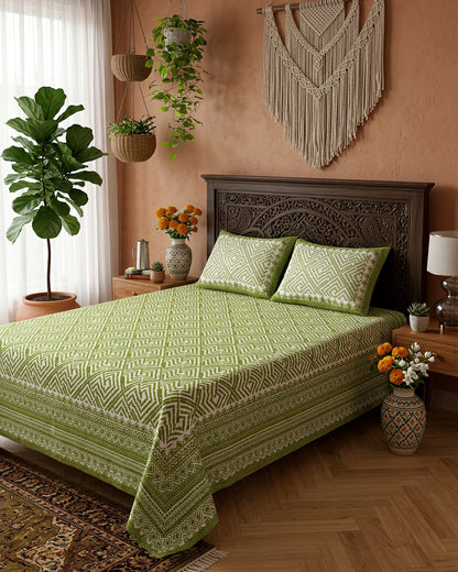 Aakriti Green bedsheet, leaf-green diamond-maze print, on a bed with a carved wood headboard with macramé