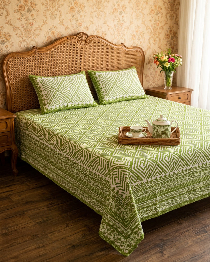 Aakriti Green bedsheet, leaf-green diamond-maze print, on a bed with a cane headboard and a tea tray