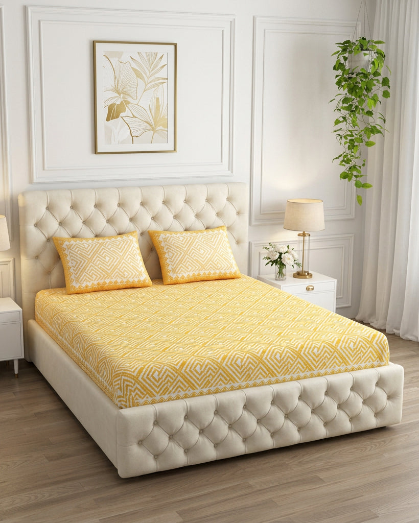 Aakriti Yellow bedsheet, marigold-yellow diamond-maze print, on a tufted ivory bed