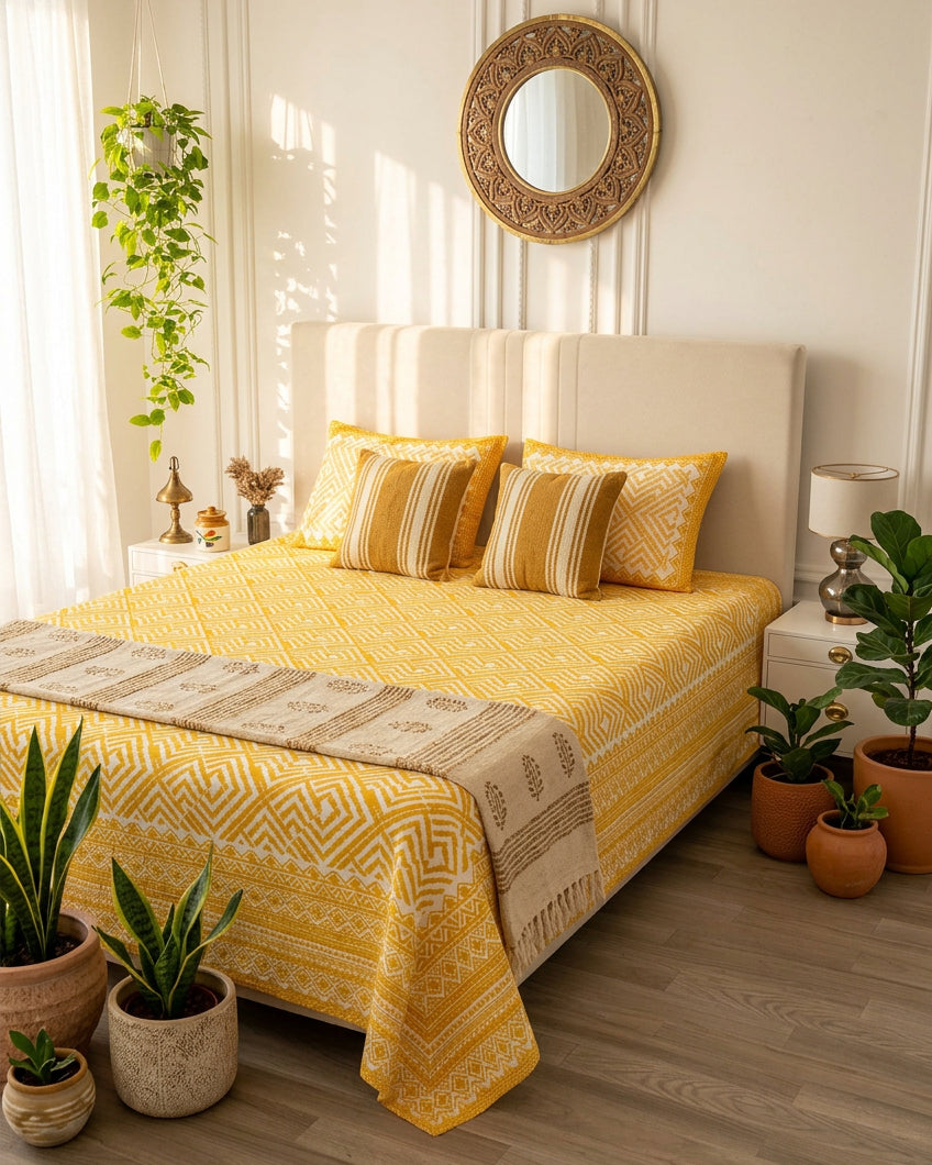 Aakriti Yellow bedsheet, marigold-yellow diamond-maze print, on a bed with a cream headboard with striped cushions and a runner
