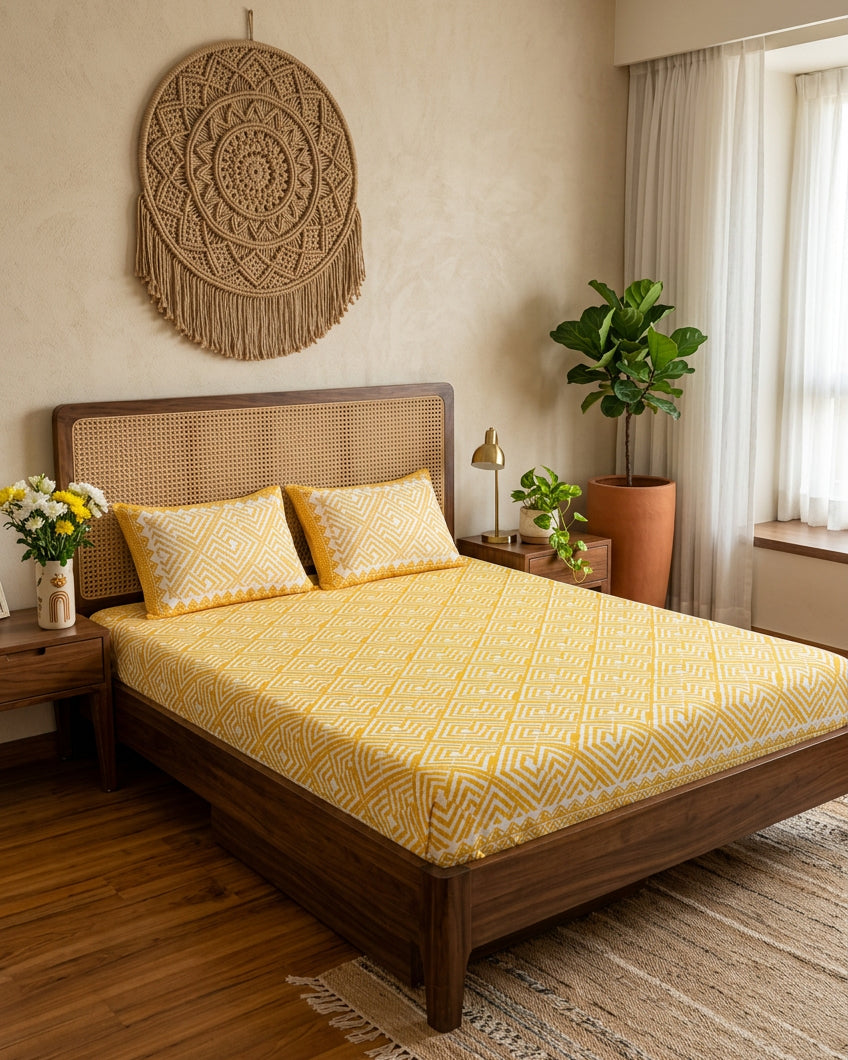 Aakriti Yellow bedsheet, marigold-yellow diamond-maze print, on a bed with a cane headboard with macramé