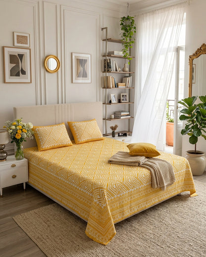 Aakriti Yellow bedsheet, marigold-yellow diamond-maze print, in a bedroom with a taupe throw