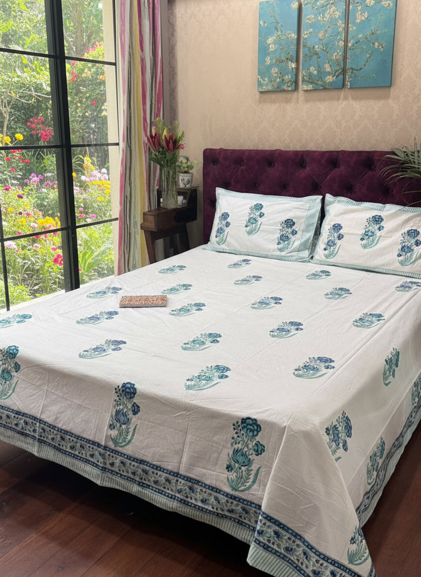 Afreen - The Blue Bloom Bedsheet | Hand Block| Percale Cotton