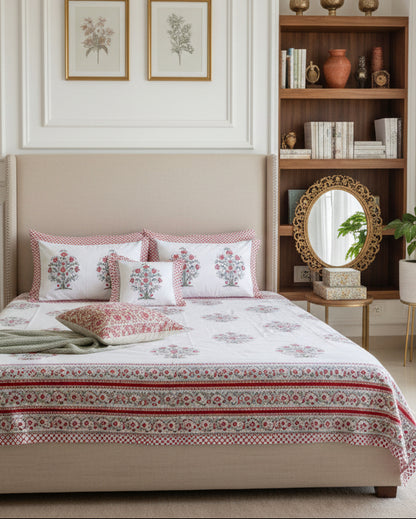 Ahaana red everyday cotton bedsheet – styled bed view