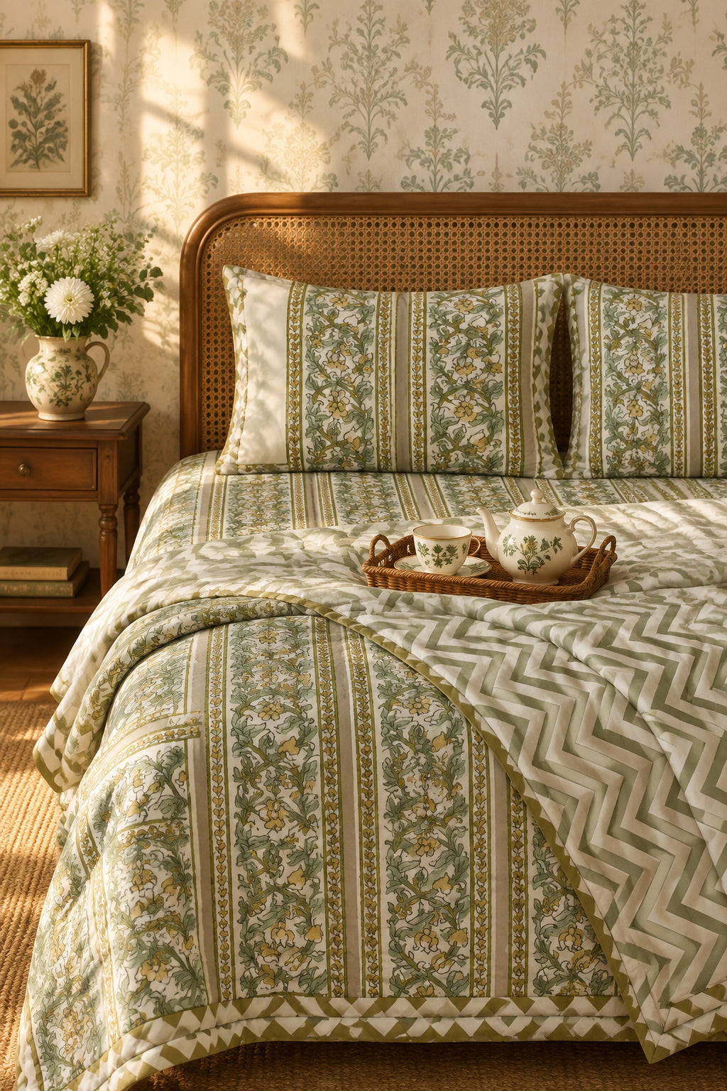 Ahaana green reversible Mulmul cotton dohar – pair of single size