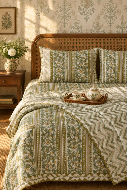 Ahaana green reversible Mulmul cotton dohar – pair of single size