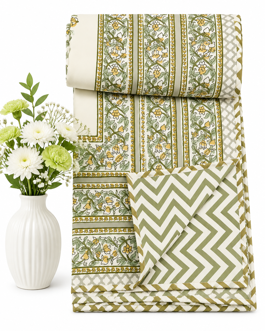 Ahaana green reversible Mulmul cotton dohar – styled view