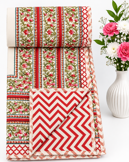 Ahaana red reversible Mulmul cotton dohar – styled view