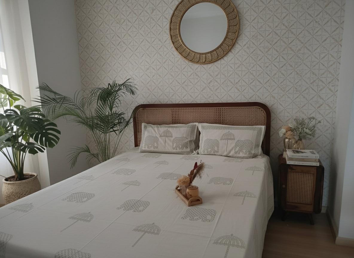 Airawat: The Elephant Bedsheet | Soft Fine Cotton | Grey