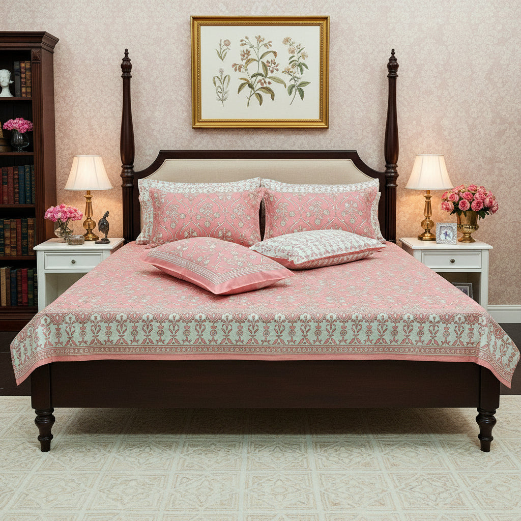 Pink floral patterned bedspread with matching pillows on a bed.